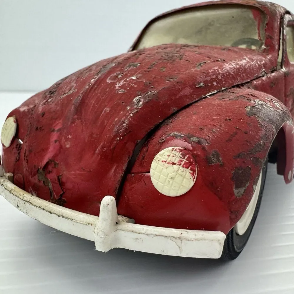 Vintage Tonka VW Bug Beetle Toy Car Red Distressed Metal Large Scale